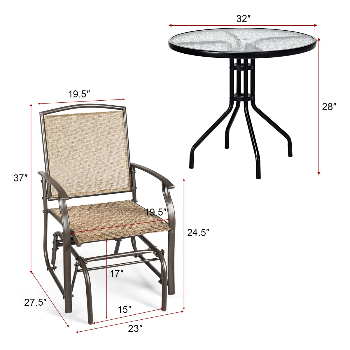 Costway 3PCS Patio Bistro Furniture Set Rocking Glider Chair Glass Table W/Umbrella Hole