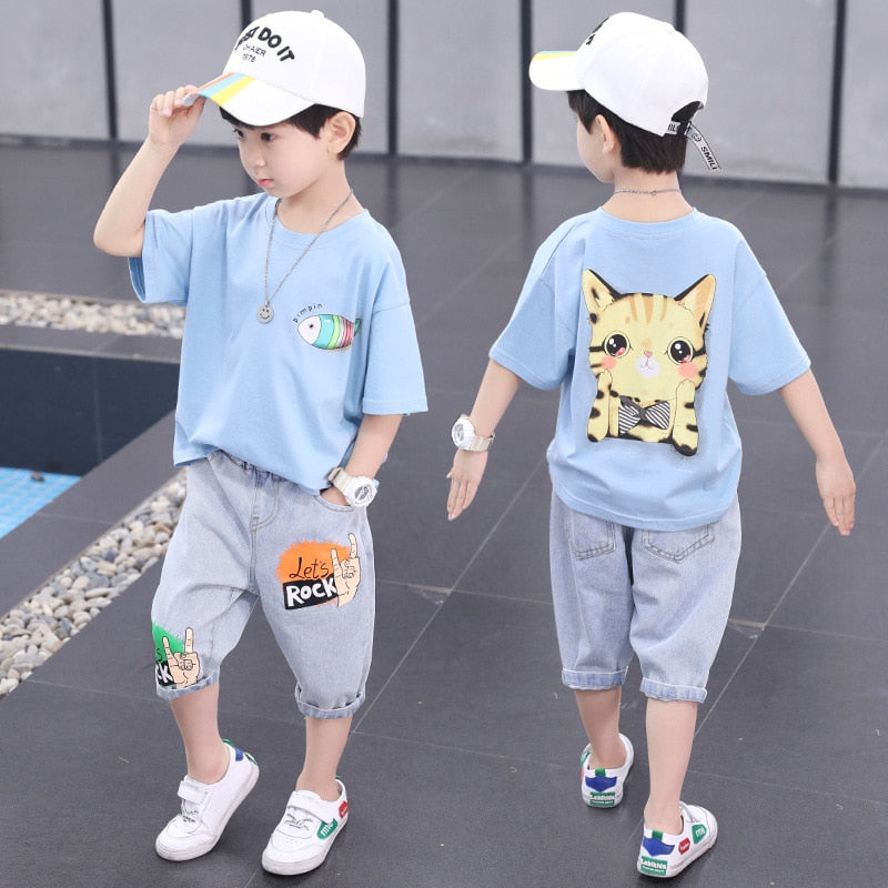 Children Boys  Summer Clothes Cat Short-sleeved Tops Shorts Kid Baby Clothes T-shirt Children Sports Suit Two-piece Suit
