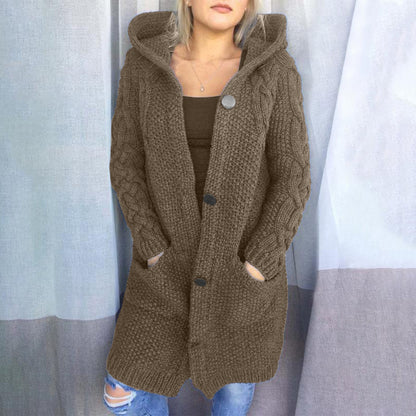 Winter Fashion Long Sweater Women Cardigan Solid Color Knitted Hooded Sweaters Style Thick Open Front Long Overcoat
