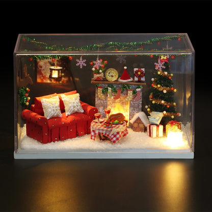 DIY Christmas Dollhouse with Furniture LED Light Dust Proof Cover House Room