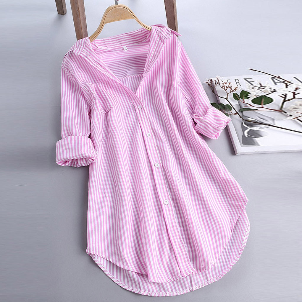 3-3XL Summer Stripe Blouses Women Turn-down Collar Button Shirts Casual Loose Long Sleeve Top Office Lady Summer Shirts