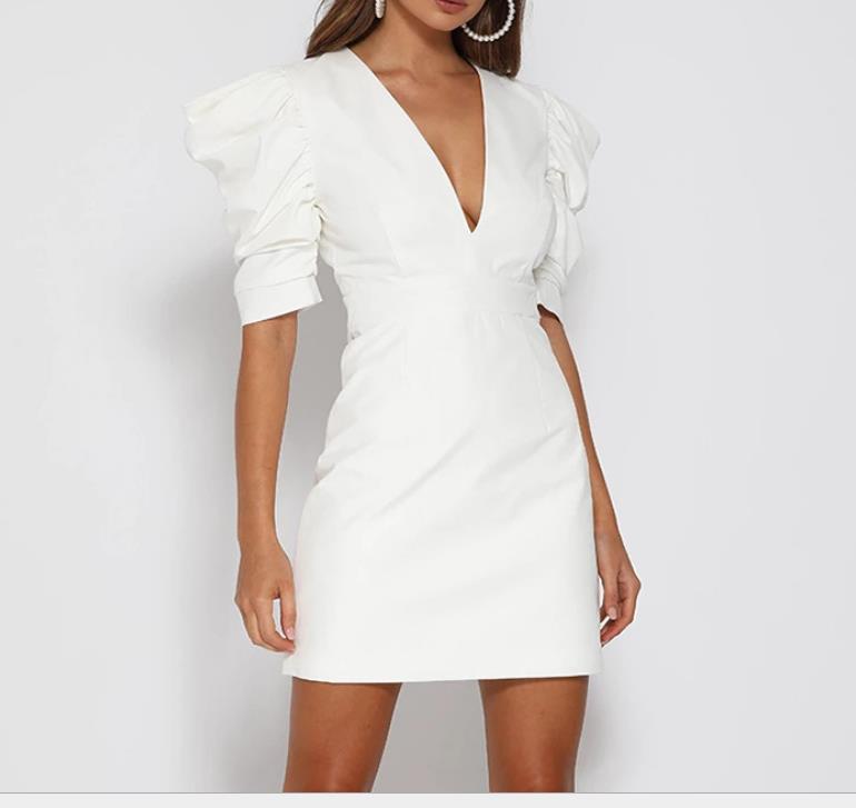 Women's  Winter White Sexy Backless Bodycon Dress. Puff Sleeve Deep V Neck, Elegant Christmas Party Dresses!