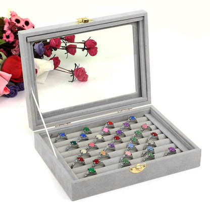 24 Grids/8 Booths Velvet jewelry box with Glass Cover Jewelry Ring Display Box Tray Holder Storage Box Organizer