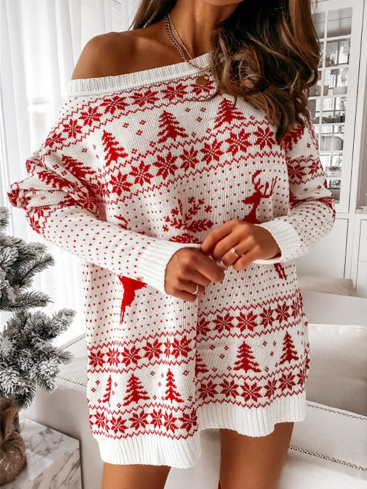 Ladies Autumn and Winter  Christmas Jacquard Loose-Fitting Knitted Long-Sleeved Dress