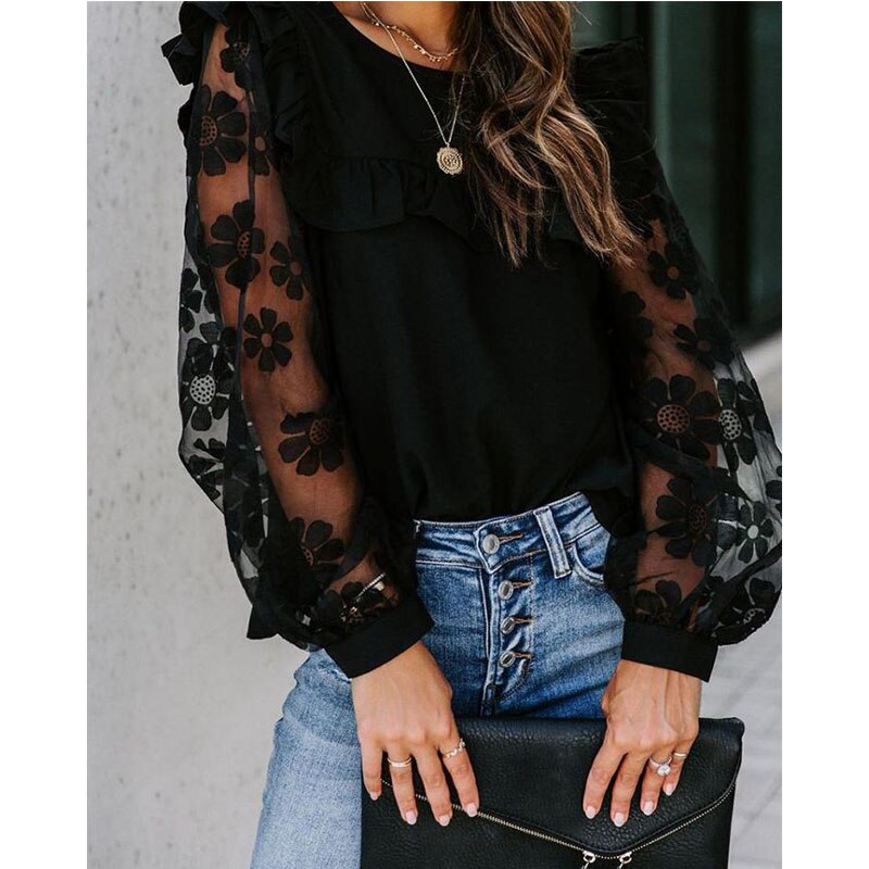 Woman Elegant Mesh Patchwork Blouse Long Sleeve Lace Transparent Flower Lantern Sleeve Pullover Streetwear Shirts