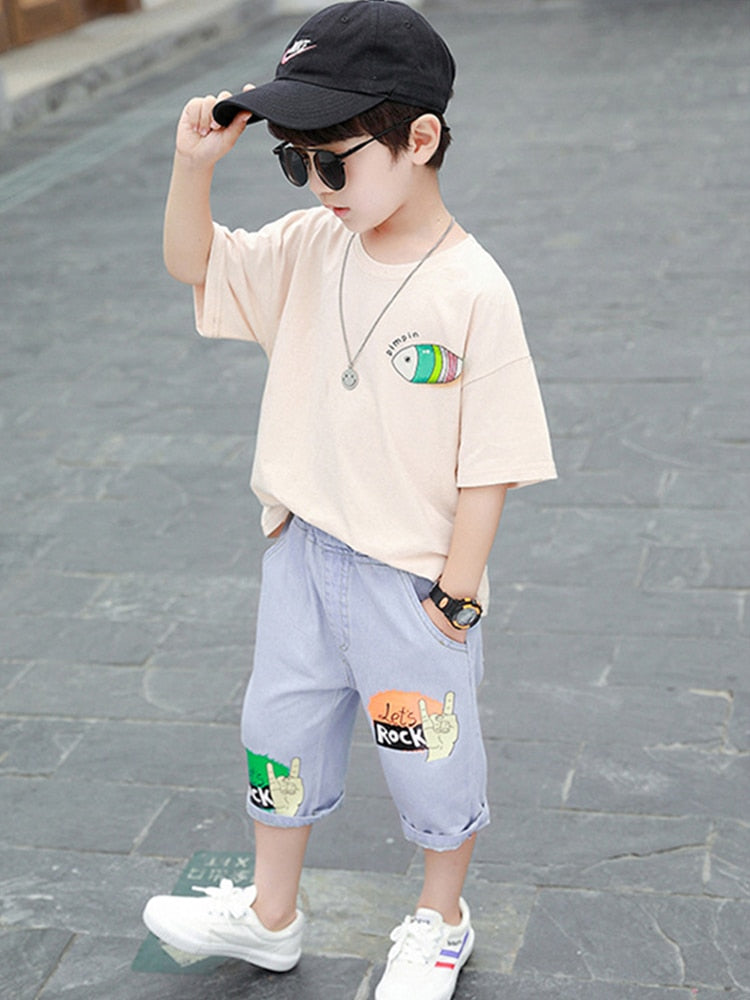 Children Boys  Summer Clothes Cat Short-sleeved Tops Shorts Kid Baby Clothes T-shirt Children Sports Suit Two-piece Suit