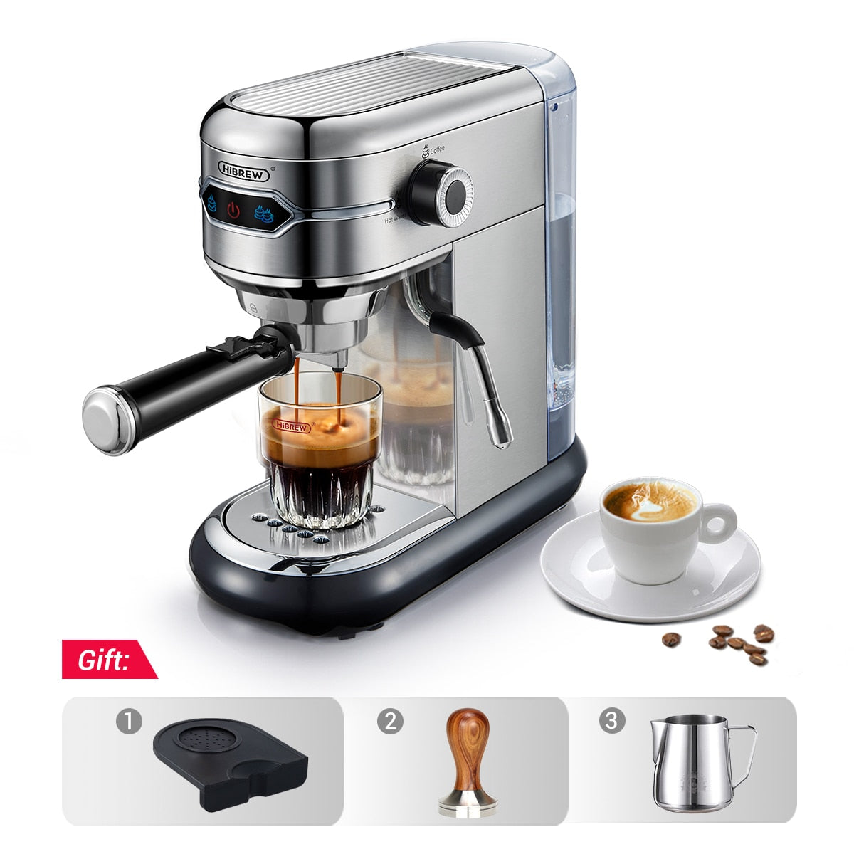 HiBREW Coffee Maker 19 Bar Inox Semi Automatic Super Slim; Powder Espresso Cappuccino Machine Hot Water