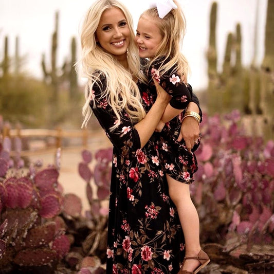 Long Sleeve Mother And Daughter Skirt Dress With Flower Print