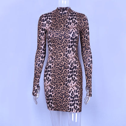 Fall Winter Ladies Fashion Long Sleeve High Neck Leopard Print Mini Dress. F