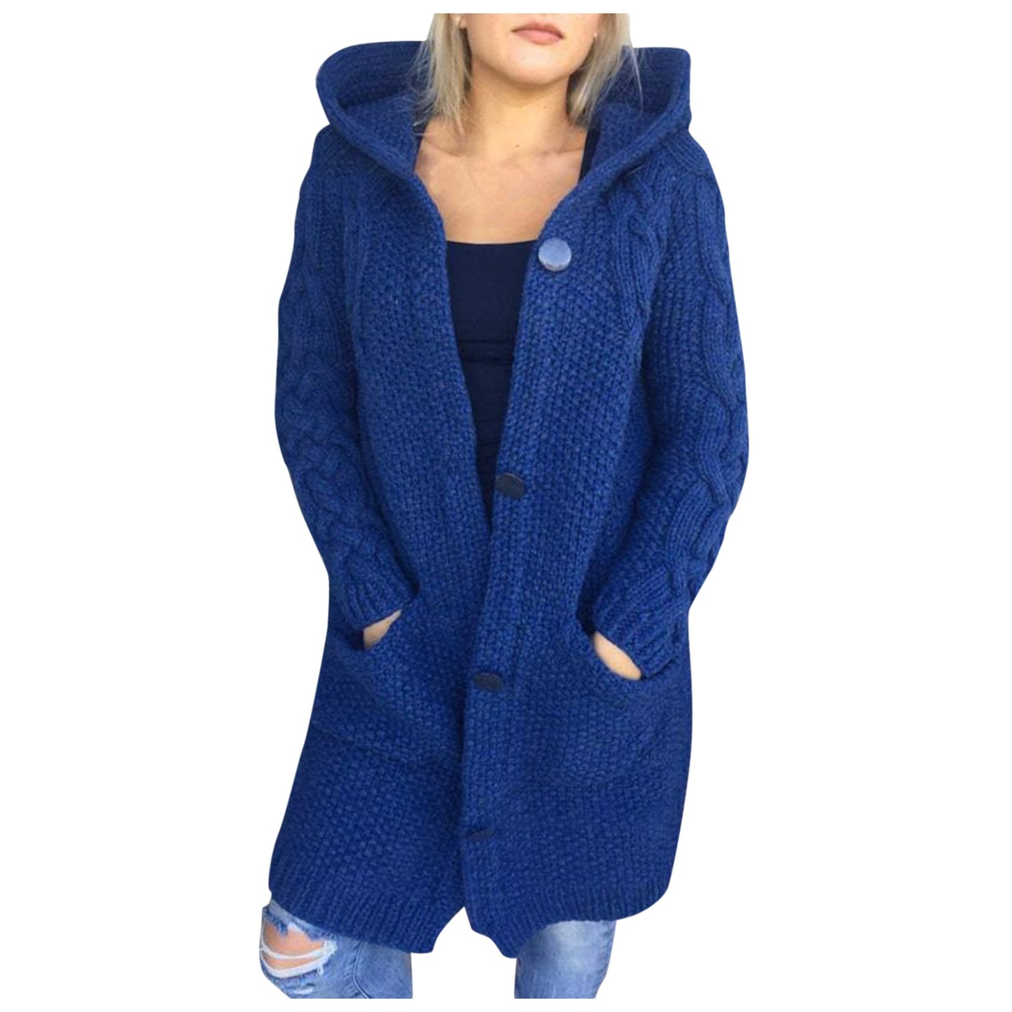 Winter Fashion Long Sweater Women Cardigan Solid Color Knitted Hooded Sweaters Style Thick Open Front Long Overcoat