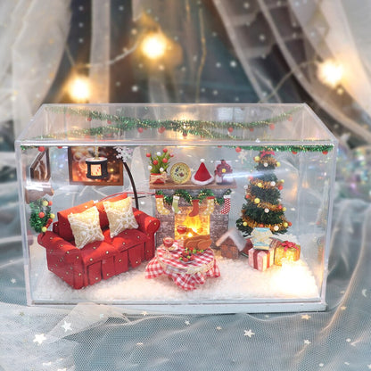 DIY Christmas Dollhouse with Furniture LED Light Dust Proof Cover House Room