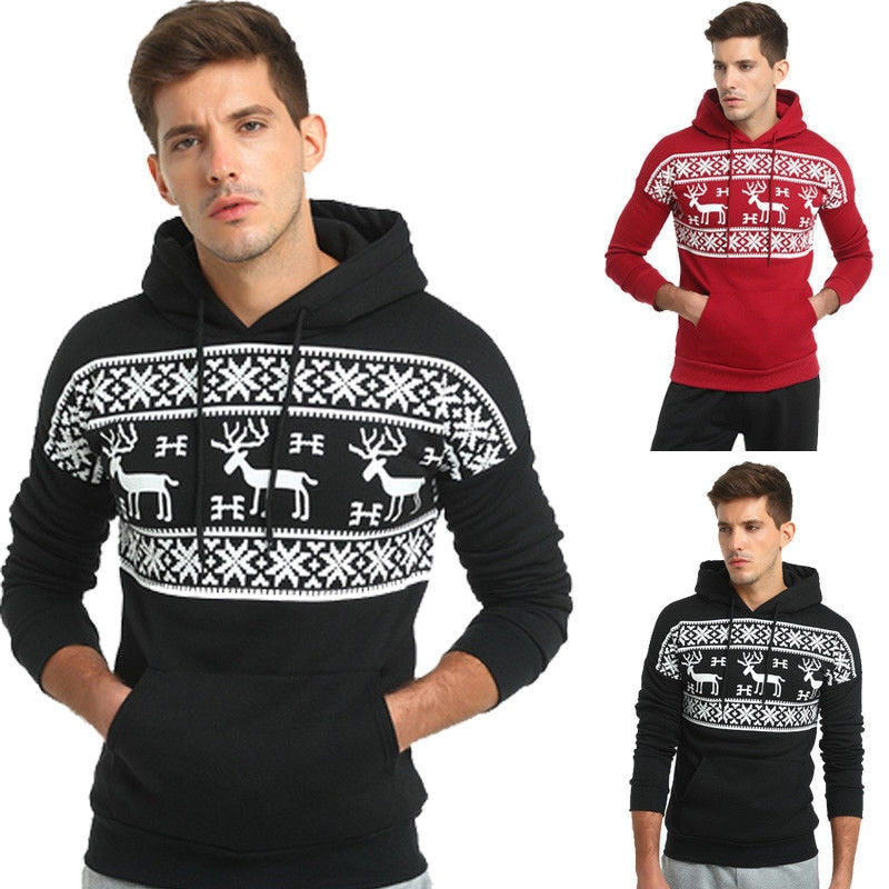 Fashion Christmas Snowflower Prints Pullover Winter Sweater Men Black Sweater Men&#39;s Elk Hood Kerst Women