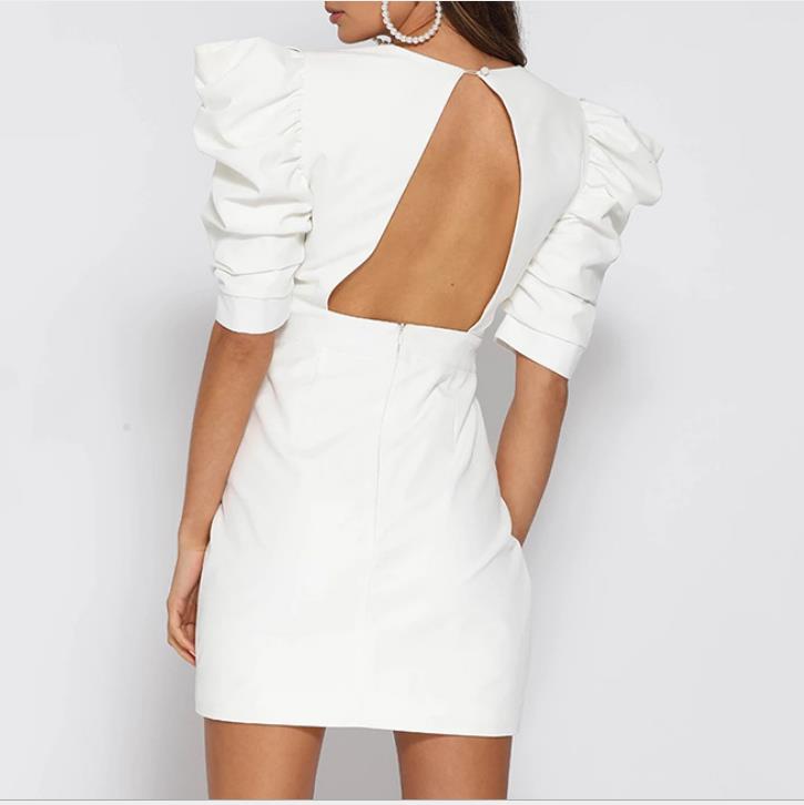 Women's  Winter White Sexy Backless Bodycon Dress. Puff Sleeve Deep V Neck, Elegant Christmas Party Dresses!