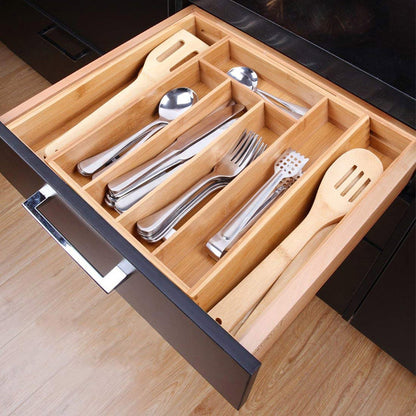 Expandable Bamboo Cutlery Drawer Storage Box 7 Grid Partition