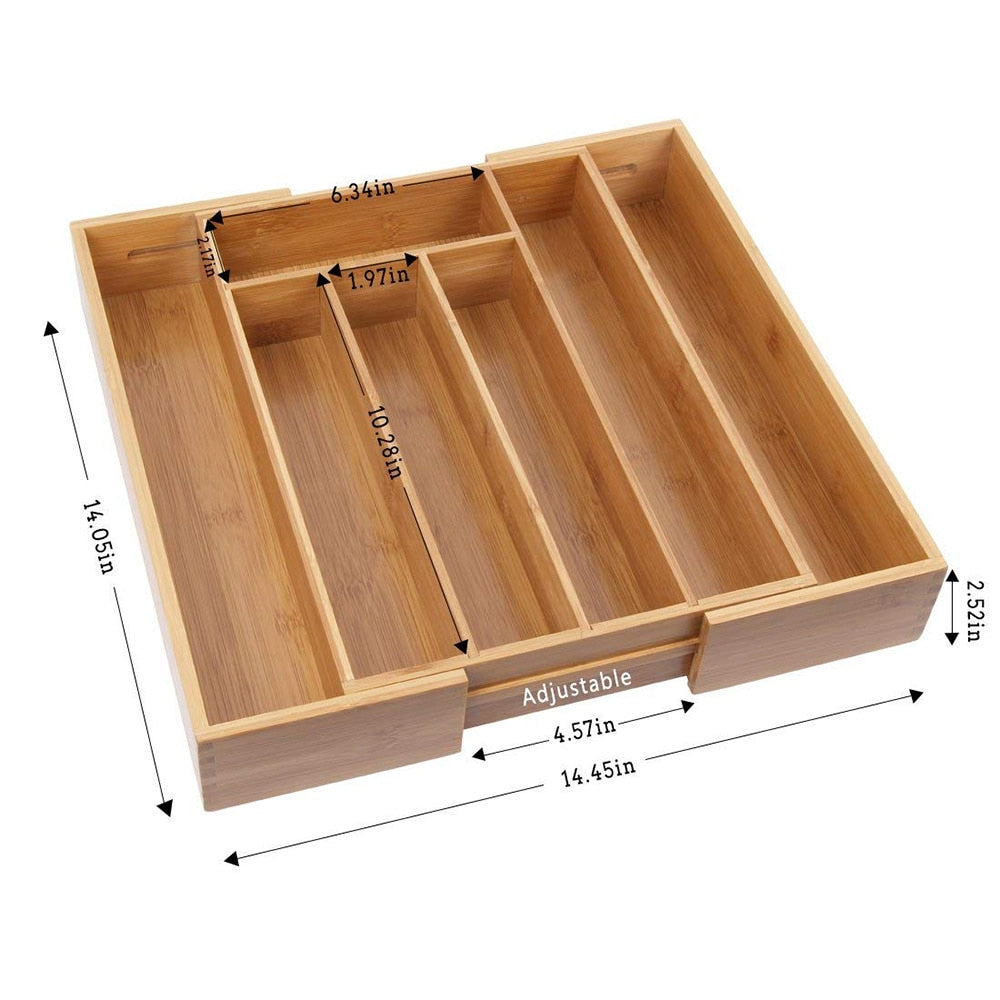 Expandable Bamboo Cutlery Drawer Storage Box 7 Grid Partition