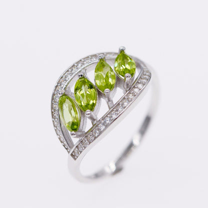 Almei Natural Green Peridot Sterling Silver Leaf Ring for Women
