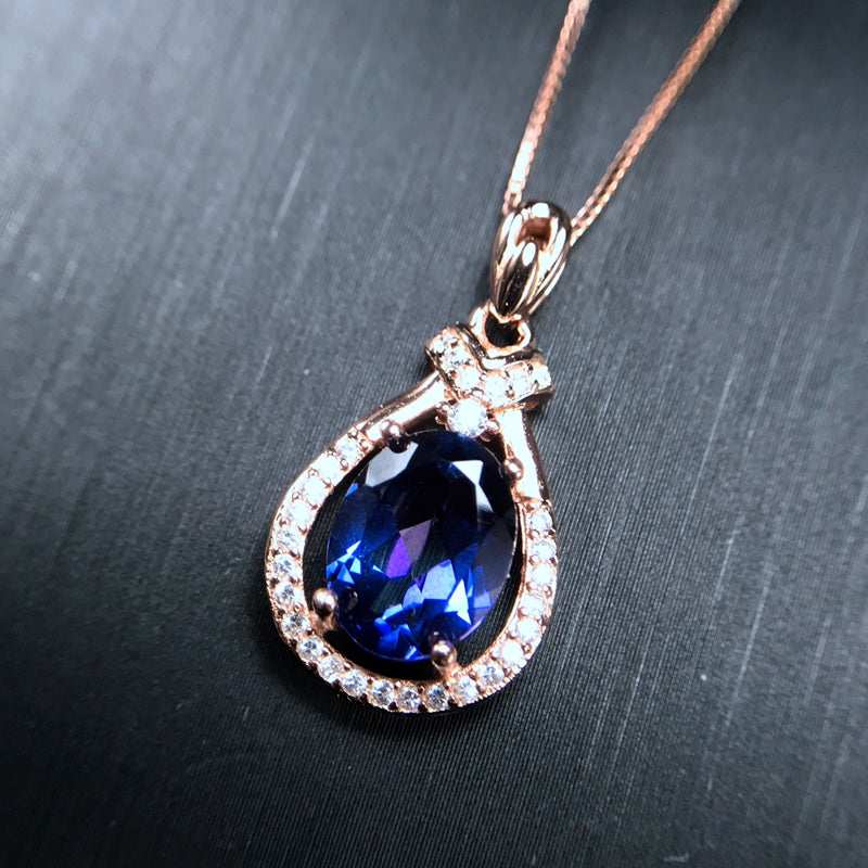 Natural Blue Topaz Necklace for Women. Gemstone Water Drop Necklace