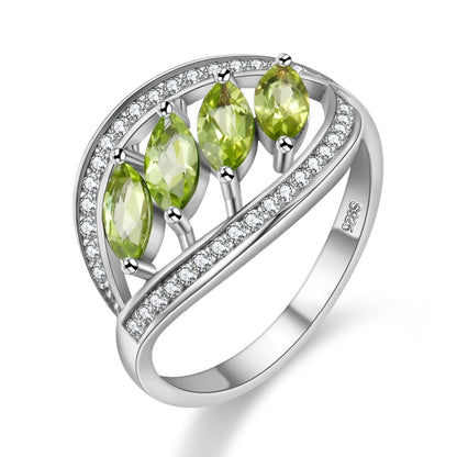 Almei Natural Green Peridot Sterling Silver Leaf Ring for Women