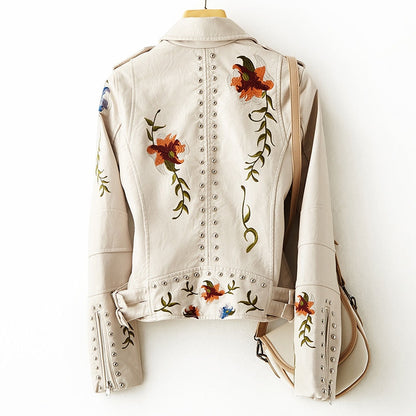 Women's Retro Floral Print Embroidery Faux Soft Leather Jacket with Turndown Collar P