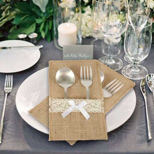 Burlap Lace Cutlery Pouch Rustic Wedding Tableware Decoration Accessories 20 Pcs/lot