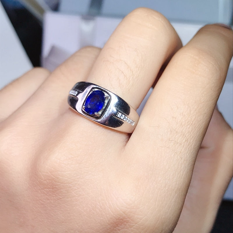 Men's 1 Carat Natural Blue Sterling Silver Sapphire Ring,, Precious Gemstone with Certificate and Box