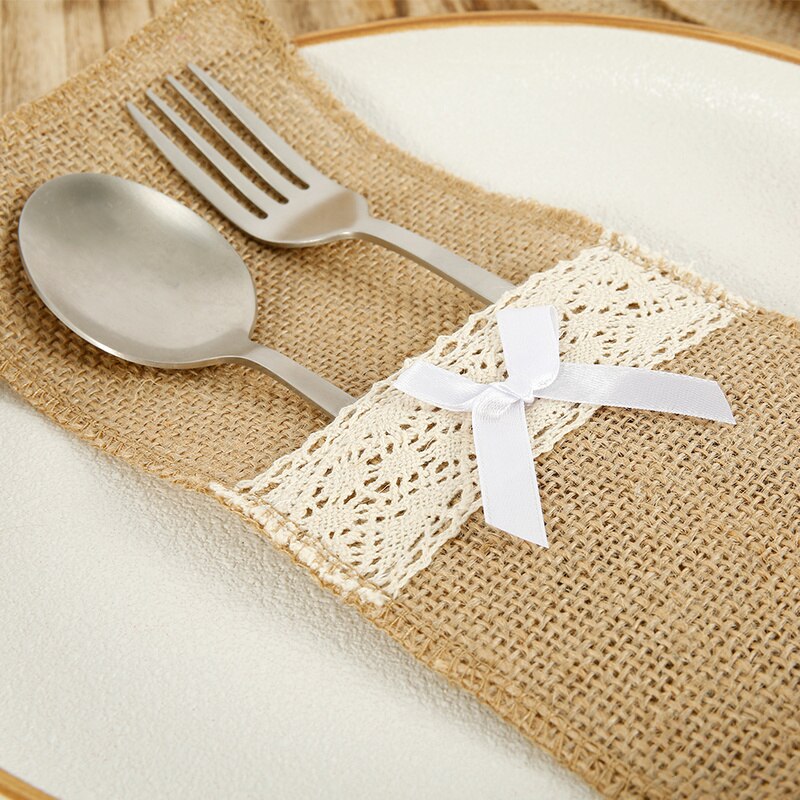 Burlap Lace Cutlery Pouch Rustic Wedding Tableware Decoration Accessories 20 Pcs/lot
