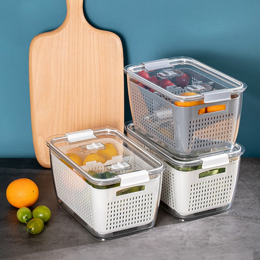 Vegetable Fruit Drain Storage Basket.  Portable Refrigerator Organizer Box With Lid