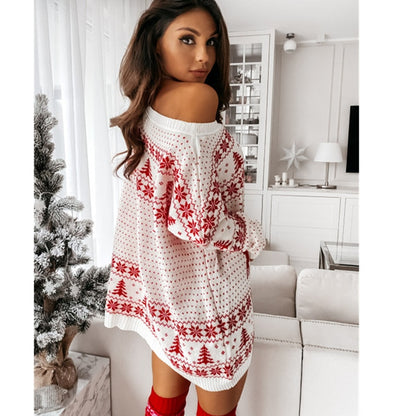 Ladies Autumn and Winter  Christmas Jacquard Loose-Fitting Knitted Long-Sleeved Dress