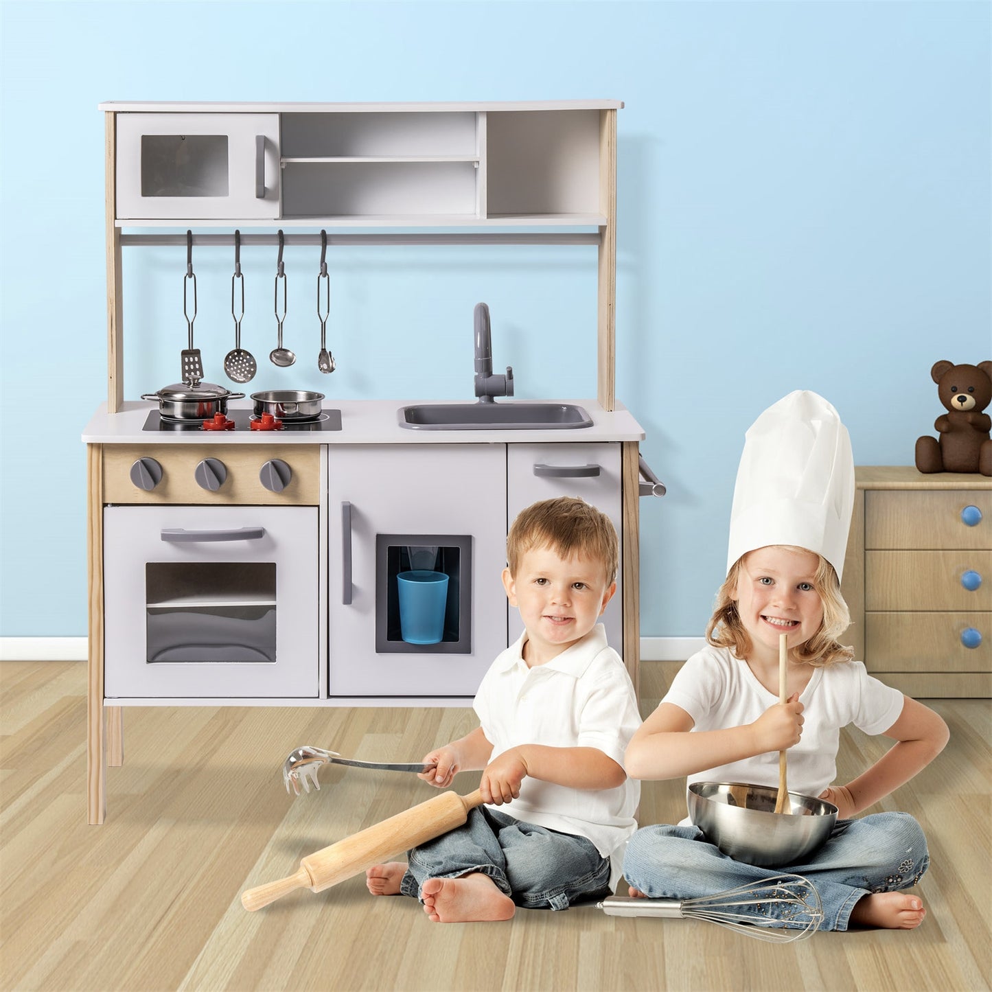 Wooden Pretend Play Kitchen Set for Kids, Toddlers, with Cookware Accessories