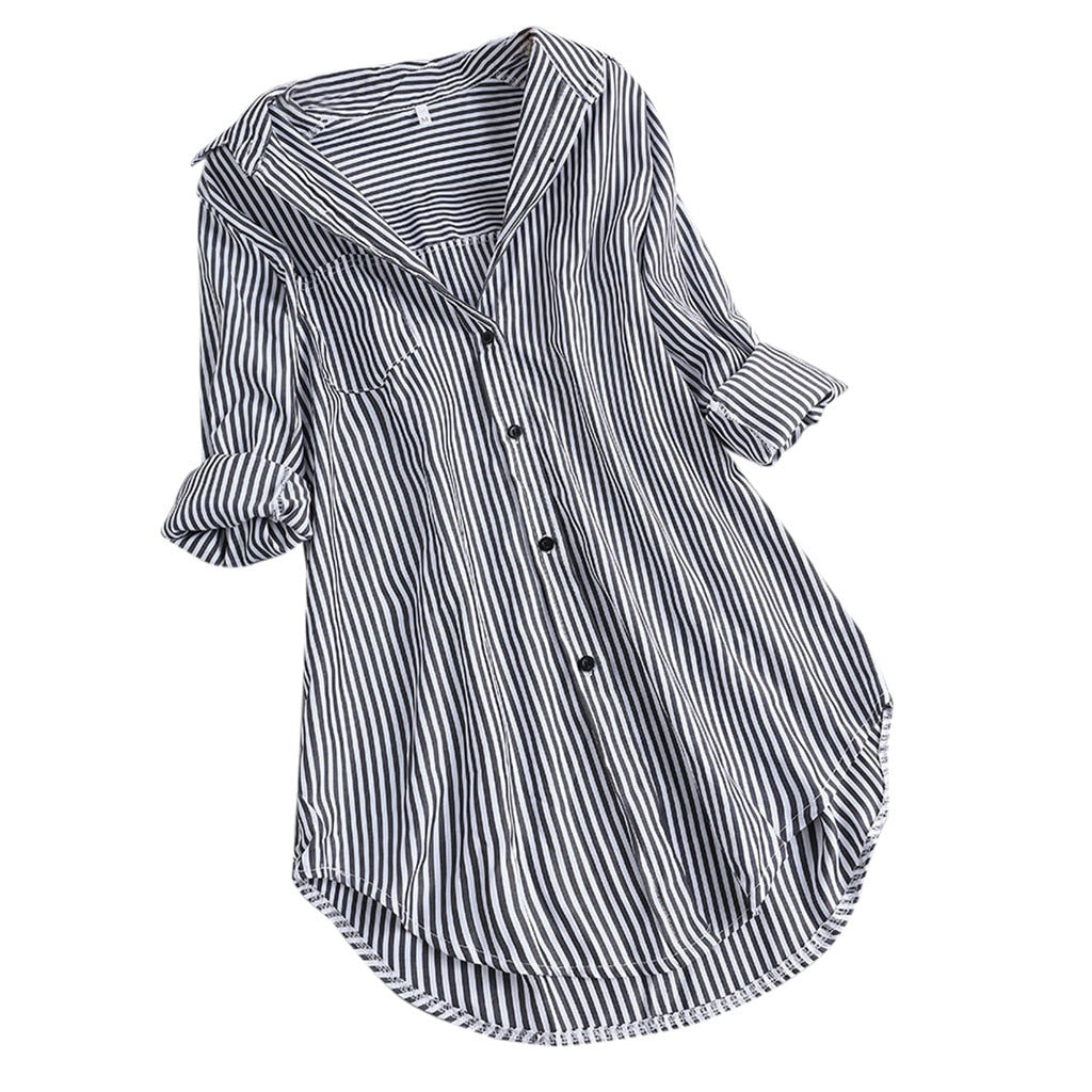 3-3XL Summer Stripe Blouses Women Turn-down Collar Button Shirts Casual Loose Long Sleeve Top Office Lady Summer Shirts