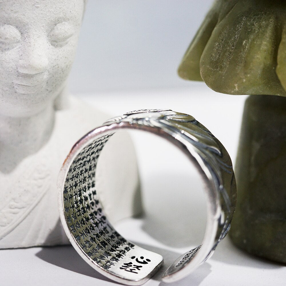 Original silver color Rings for Women  HEART SUTRA Scriptures Engraved Buddhism Adjustable Ring