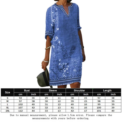 Women's Casual Vintage Floral Print Dress, V Neck A-Line for Spring and Summer with Half Sleeve Ethnic Style Loose