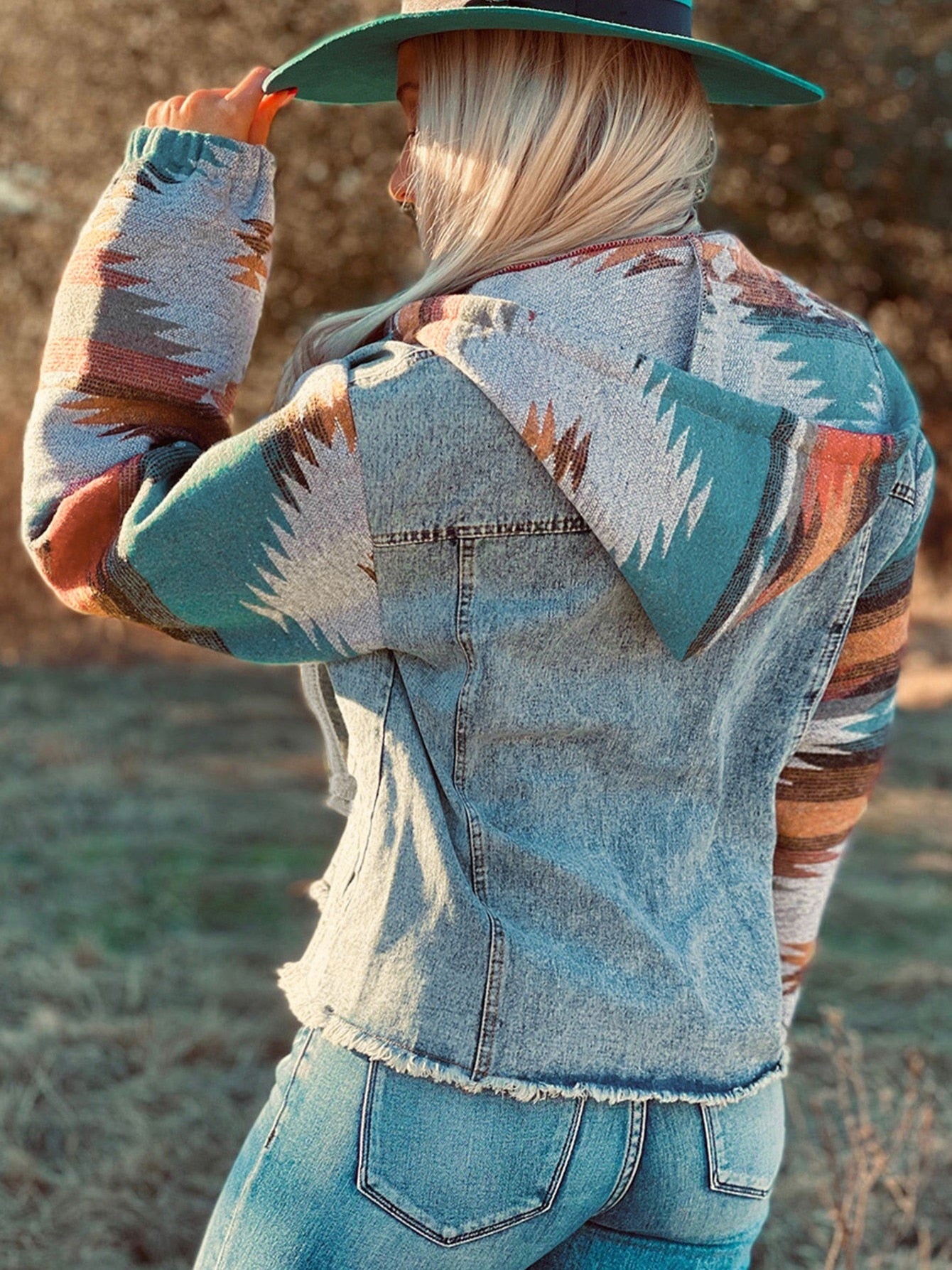 Women Cowgirl Denim Jacket with Red Embroidered Native Pattern Patchwork