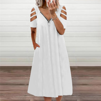 Women Casual Short-sleeved Hollow Summer Dress  Solid V-neck Zipper Mid Length