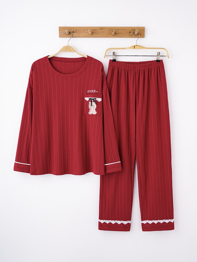 Spring Fashion Solid Red Pajamas Sets for Women 100% Cotton Vintage Nightwear