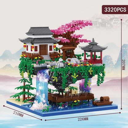 Garden Diamond Building Blocks.  Peach House Waterfall Light DIY Bricks Toy for Kid over 12 Years