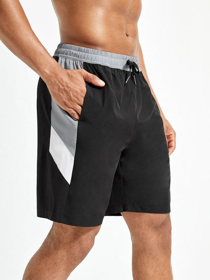 Men Color-block Drawstring Waist Sports Shorts