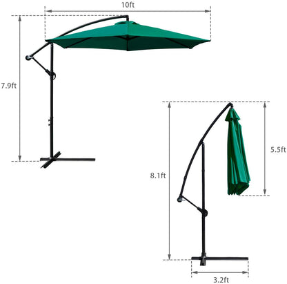10FT Cantilever Patio Hanging Umbrella  with Crank and Cross Base Outdoor Parasol