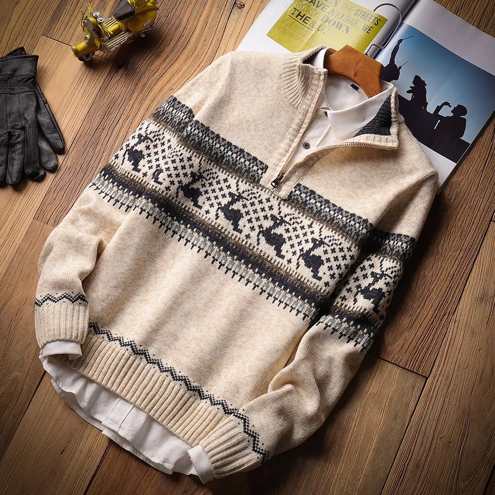 Vintage Mock Neck Pullover, Casual Jacquard Half Zip Christmas Sweater for Men.