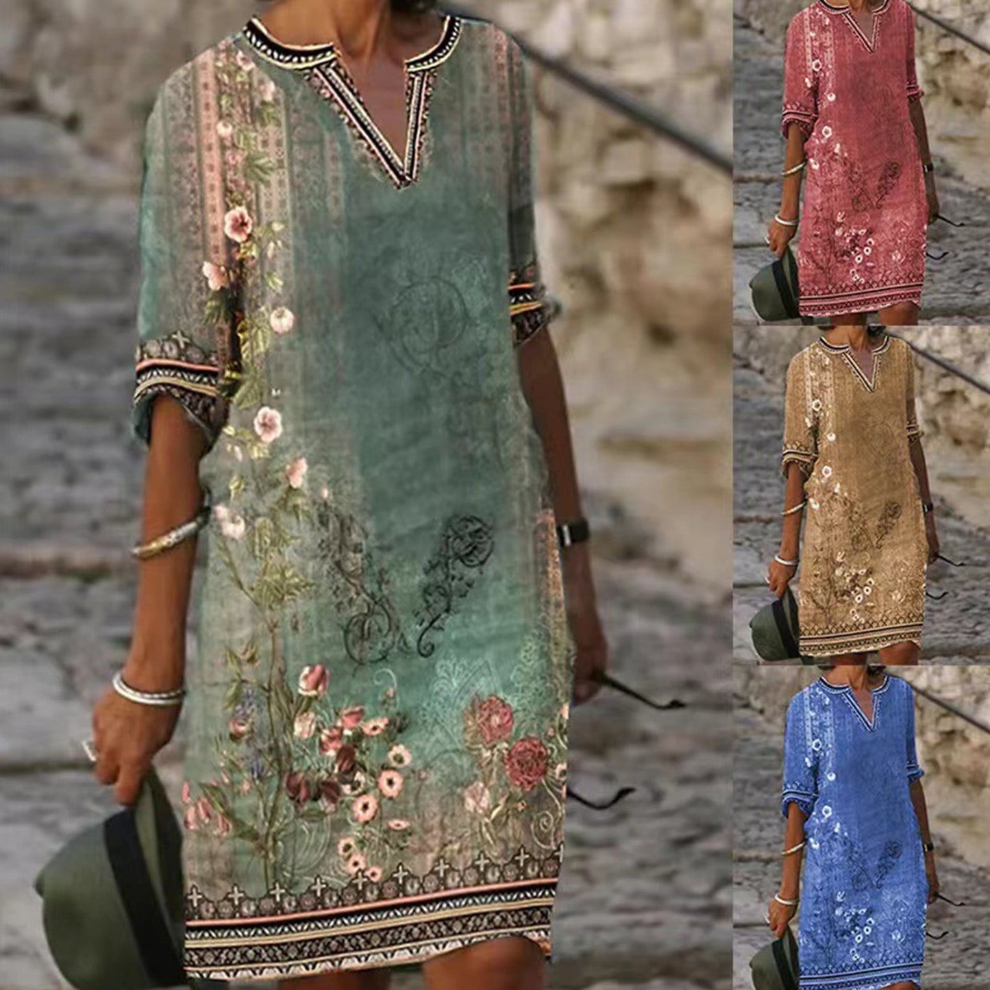 Women's Casual Vintage Floral Print Dress, V Neck A-Line for Spring and Summer with Half Sleeve Ethnic Style Loose