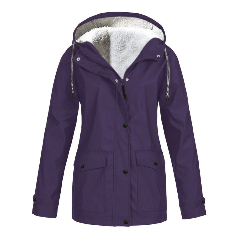 Women's Autumn Winter Plus Velvet Outdoor Jacket Windproof Waterproof Mountaineering Hooded Coat