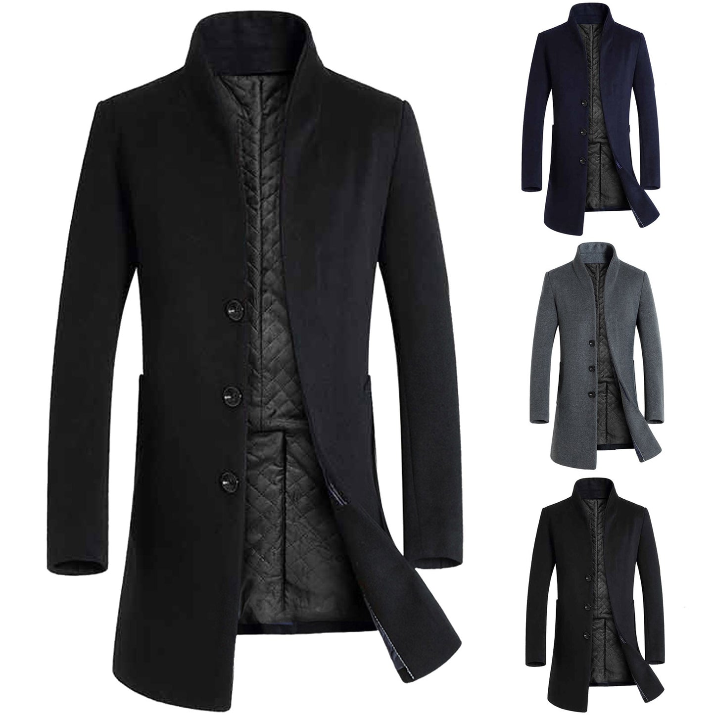 Men's Trench Coats. Winter, Mid-length, Casual Solid Single Breasted Long Sleeve Lapel Collar Overcoat
