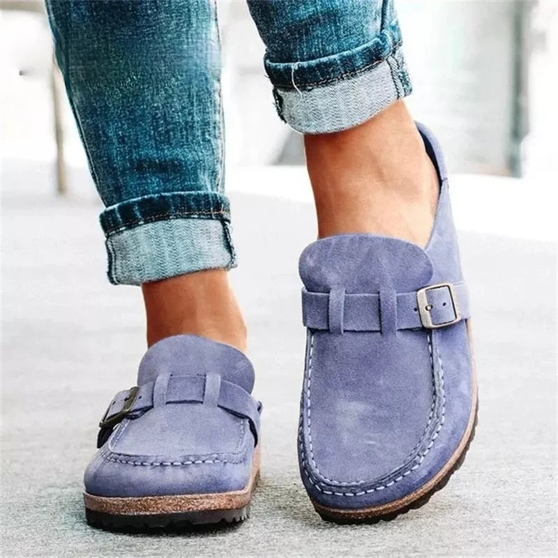 Retro Sandals Summer Slip on Casual, Comfy Leather Buckle Suede Ladies Flat Shoes