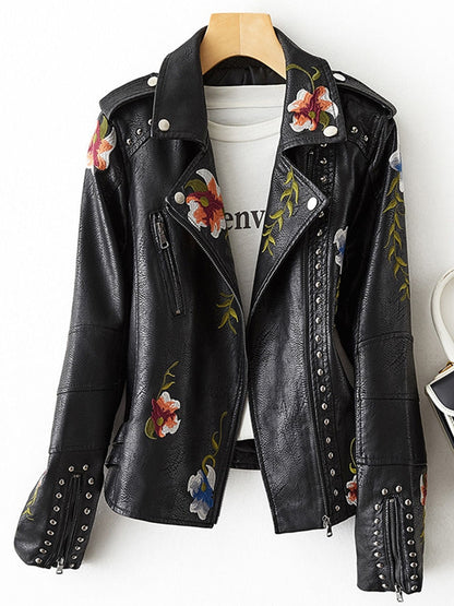 Women's Retro Floral Print Embroidery Faux Soft Leather Jacket with Turndown Collar P