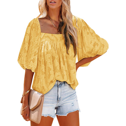 Women Flowy Shirt Lantern Sleeve Square Neck, Ladies Tee Fashion Relaxed-Fit