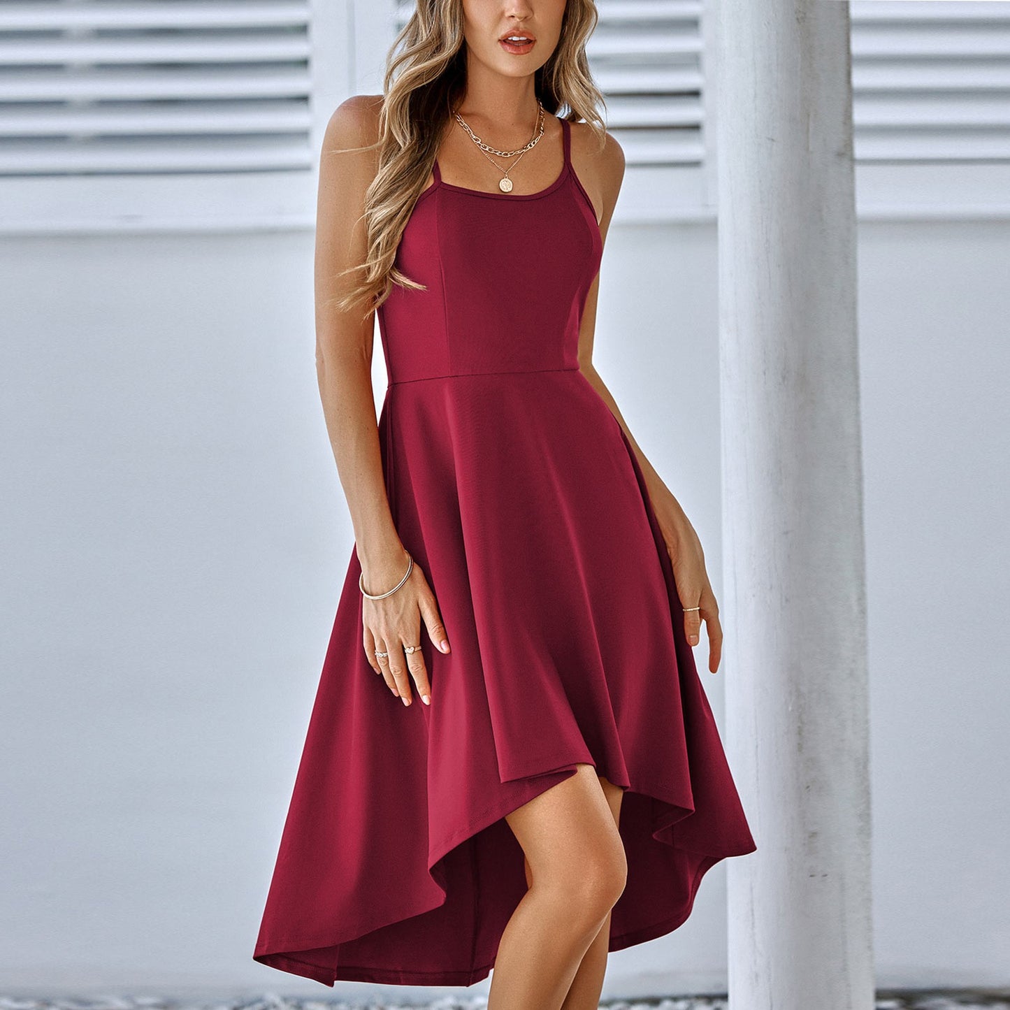 Fashion Long Dresses For Women 2023 Casual Solid Color Sleeveless Ruffled Sling Dress