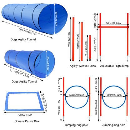 Dog Agility Obstacle Course 3M Dog Tunnel, Jump Ring, Jump Pole, Weave Pole For Outdoor fun and Training
