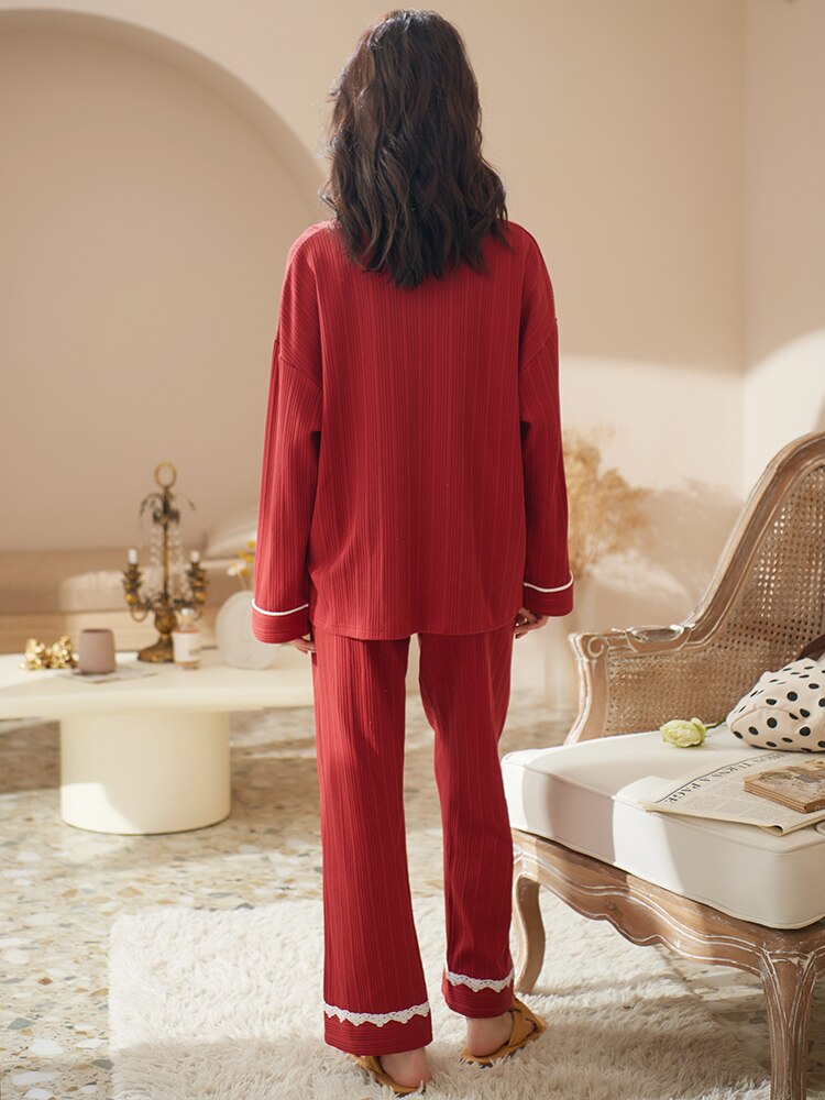 Spring Fashion Solid Red Pajamas Sets for Women 100% Cotton Vintage Nightwear