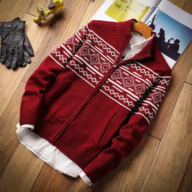 Vintage Mock Neck Pullover, Casual Jacquard Half Zip Christmas Sweater for Men.