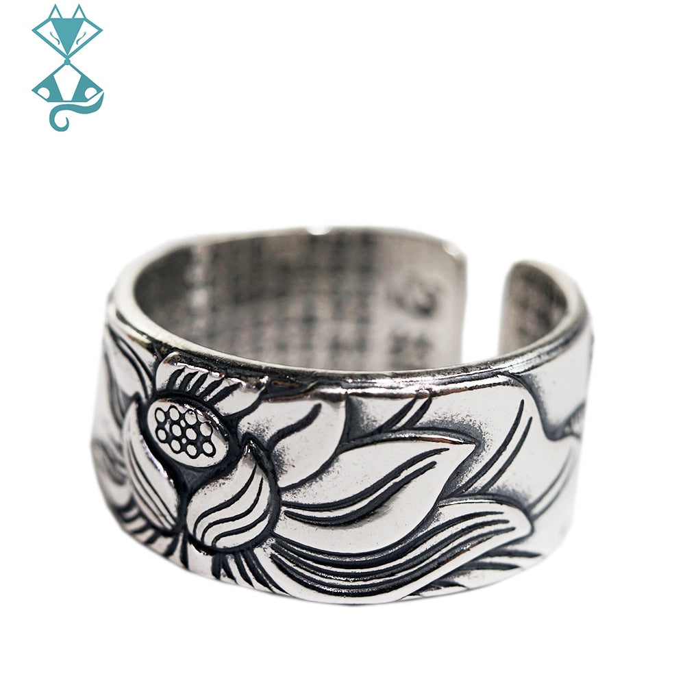 Original silver color Rings for Women  HEART SUTRA Scriptures Engraved Buddhism Adjustable Ring
